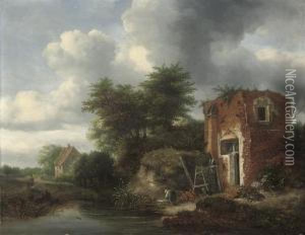 A Wooded River Landscape With A Washerwoman By A Cottage Oil Painting - Jacob Salomonsz. Ruysdael