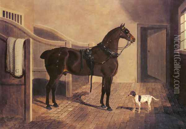 A Favorite Coach Horse and Dog in a Stable Oil Painting - John Frederick Herring Snr