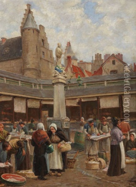 Vieux Marche Aux Poissons A Anvers Oil Painting - Jacques Dore
