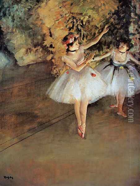 Two Dancers on a Stage, c.1874 Oil Painting - Edgar Degas