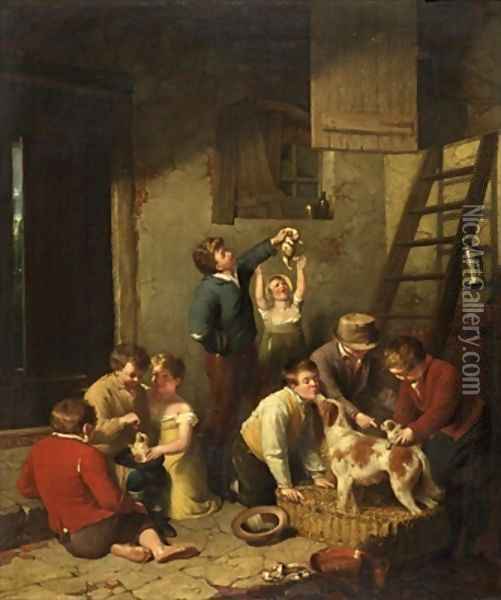 Children Playing with Puppies Oil Painting - William Collins