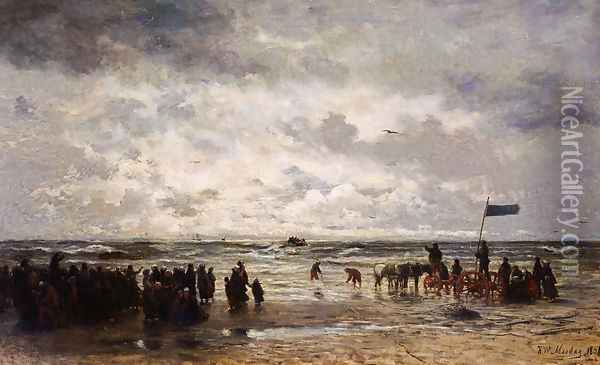 'Le Depart Du Bateau De Sauvetage' Oil Painting - Hendrik Willem Mesdag