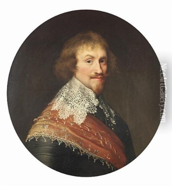 Portrait Of A Gentleman (a Prince Of Orange-nassau?), Bust-length, In Armour, A White Lace Collar And An Embroidered Orange Sash Oil Painting - Michiel Janszoon van Mierevelt