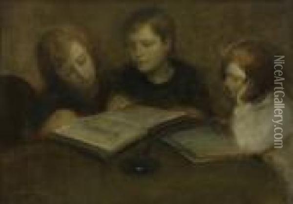 Trois Jeunes Filles Lisant Oil Painting - Eugene Carriere