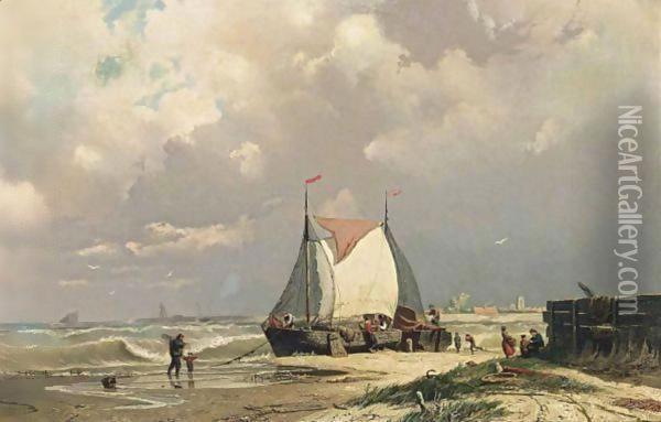 Bomschuiten On The Beach Oil Painting - Johan Conrad Greive