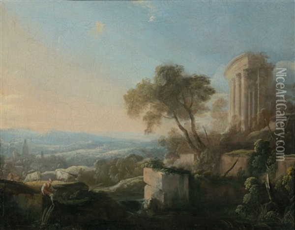 Paysage Classique Avec Un Patre Assis Sur Un Rocher Et Le Temple De Vesta Oil Painting - Pierre Antoine Patel
