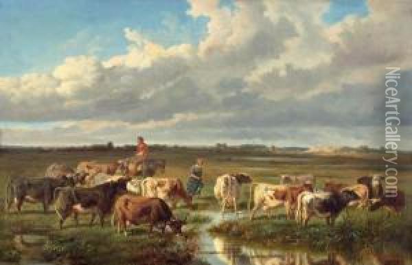 Cows With Herdsmen At The Watering Hole. Oil Painting - Otto Karl Kasimir Von Thoren