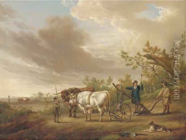 Oxen harnessed to a plough Oil Painting - Charles Towne