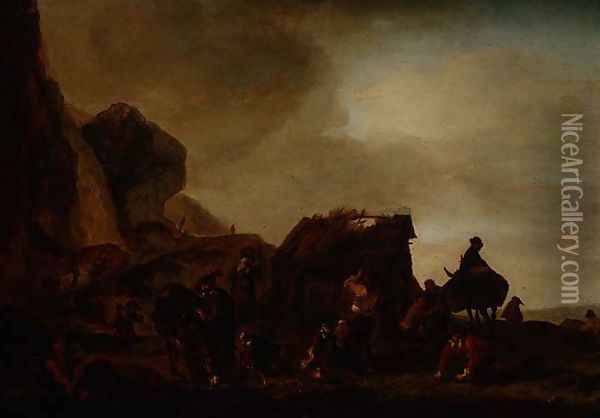 Travellers and Beggars by a ruined hut Oil Painting - Philips Wouwerman