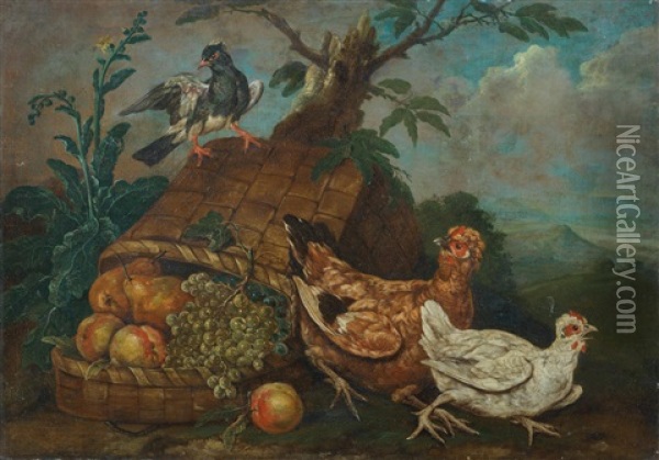 Birds And An Upturned Basket Of Fruit In A Landscape Oil Painting - Giovanni Agostino (Abate) Cassana