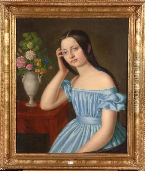 Portrait D'une Jeune Fille Accoudee Oil Painting - Peter Carl Bredt