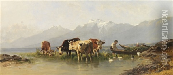 Bauer Und Bauerin Mit Gansen Und Kuhen Am Achensee Oil Painting - Christian Friedrich Mali