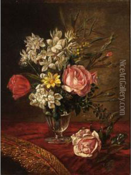A Flower Still Life In A Glass On A Draped Table Oil Painting - Sebastiaan Theodorus Voorn Boers