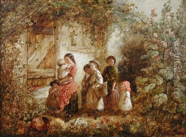 Girls Carrying Infants And Approaching The Door Of A Day School, In A Cottage Garden Setting With Roses Oil Painting - Charles Baxter