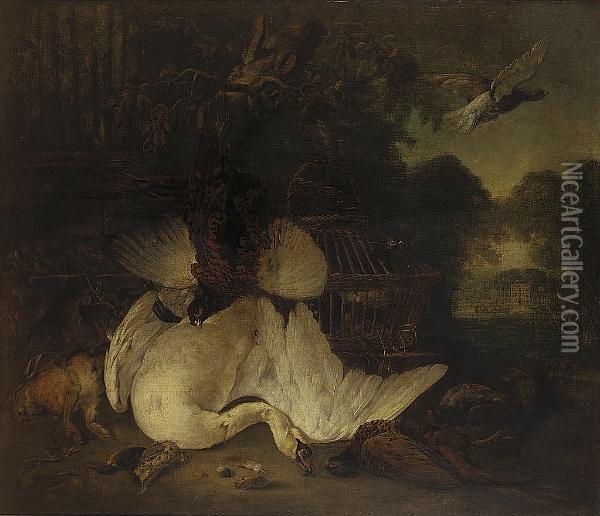 A Wooded Landscape With A Dead 
Swan, Pheasants, A Hare, Kingfisher And Partridge With A Basket Of 
Pigeons Before A Column, A View To A Country House Beyond Oil Painting - William Sartorius