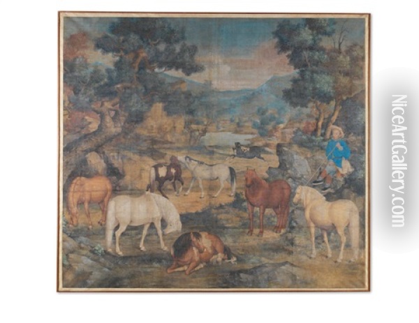 A Monumental And Rare Painting Of Horses At Pasture Oil Painting -  Lang Shining (Giuseppe Castiglione)