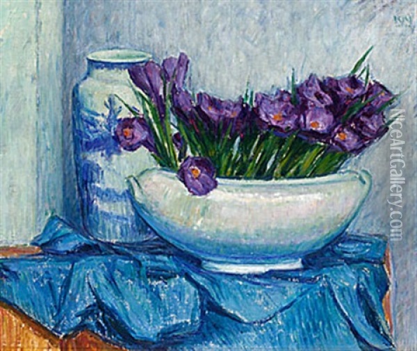 Violett Krokus I Vit Skal Oil Painting - Karl Nordstroem