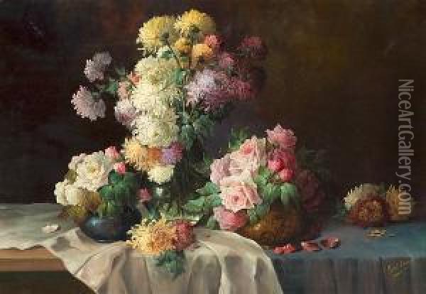 Three Vases Of Chrysanthemums And Roses On A Table Oil Painting - Frans Mortelmans