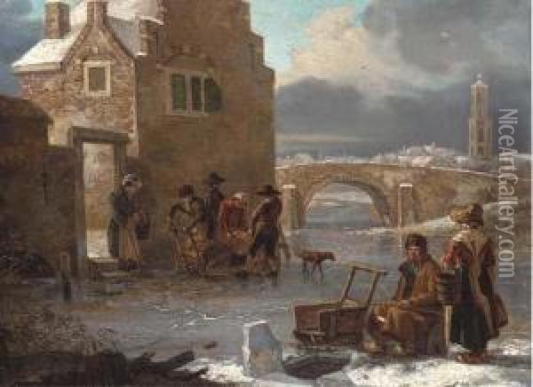 A Winter Landscape With Figures Fishing On A Frozen River Oil Painting - Andries Vermeulen