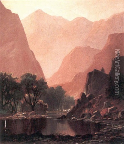 A River Winding Through A Mountainous Landscape Oil Painting - Edwin Deakin