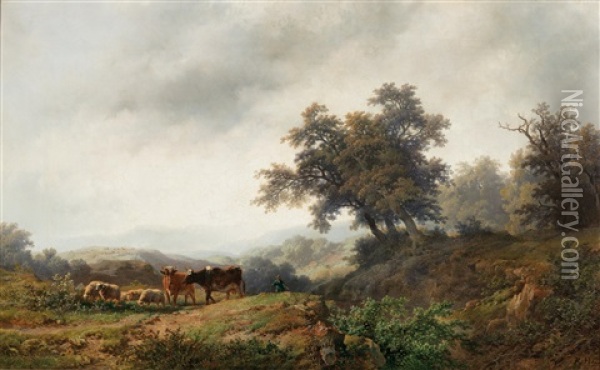 Open Landscape With Cows And Herdsman Oil Painting - Remigius Adrianus van Haanen