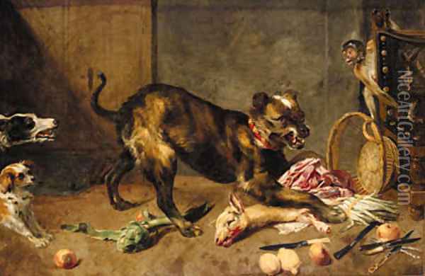 A hound guarding animal lights from other dogs with lemons Oil Painting - Frans Snyders