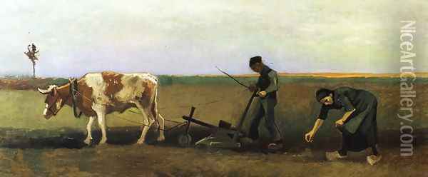 Ploughman with Woman Planting Potatoes Oil Painting - Vincent Van Gogh