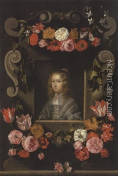 Barockkartusche Mit Drei Blumengebinden. Im Mittelfeld Madchenbildnis Oil Painting - Gonzales Coques