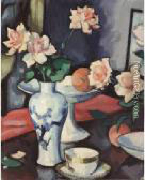 Still Life With Roses In A Chinese Vase Oil Painting - Samuel John Peploe