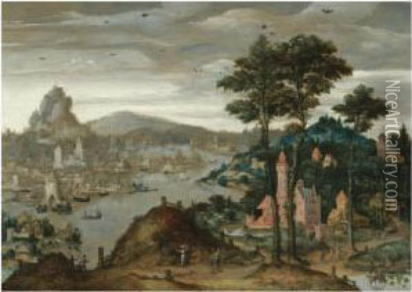 A Fantasy Mountainous River Landscape With Ships Moored Before Adistant City Oil Painting - Lucas van Valckenborch