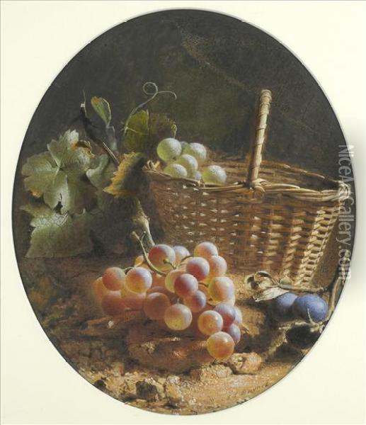 Grapeswith Wicker Basket On A Woodland Bank Oil Painting - Frederick Thomas Baynes
