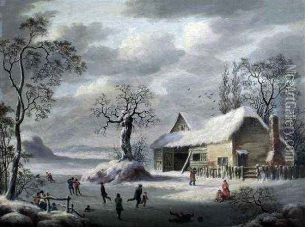 Skaters In A Winter Landscape Oil Painting - Joseph Francis Gilbert