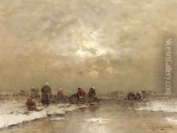 Fishermen at work in a frozen winter landscape Oil Painting - Johann Jungblutt