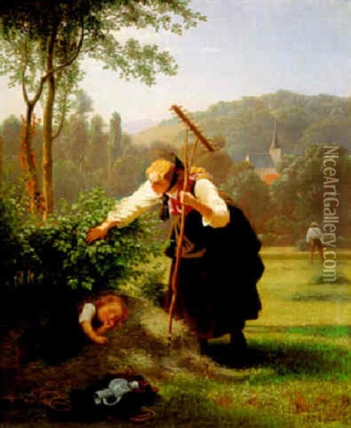 Mittagsruhe, Junge Baeuerin In Hessischer Tracht Oil Painting - Christian Eduard Boettcher