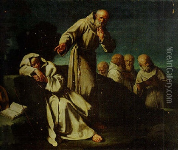 A Monk Approaching A Sleeping Colleague In A Landscape Oil Painting - Giuseppe Gambarini