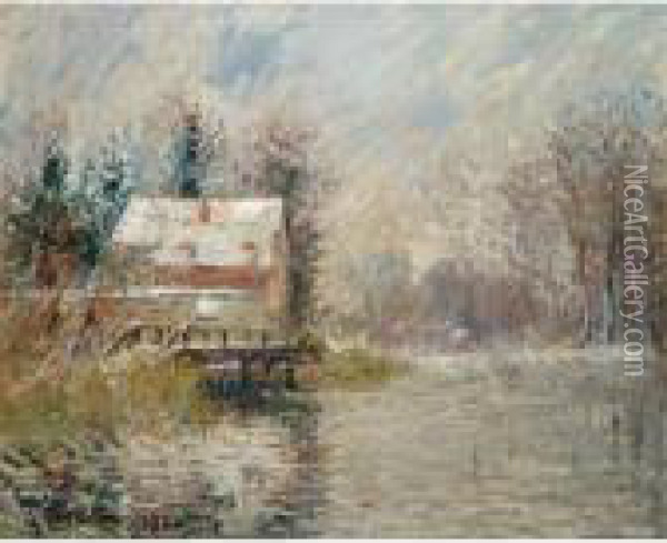 Maison Au Bord De L'eau, Effet De Neige Oil Painting - Gustave Loiseau