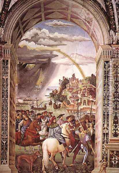 Aeneas Piccolomini Leaves for the Council of Basle 1502-08 Oil Painting - Bernardino di Betto (Pinturicchio)