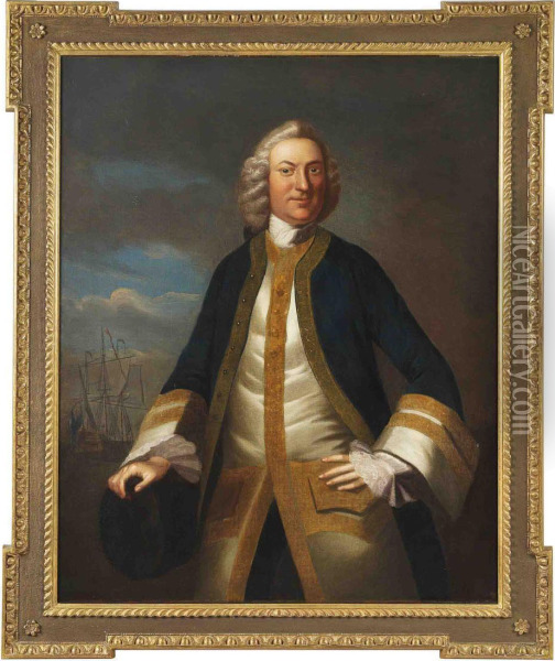 Portrait Of A Gentleman Traditionally Identified As Captain Thomas Lake, Three-quarter-length, In A Gold Embroidered Blue Coat And White Waistcoat, His Hand Resting On A Cannon, In A Landscape, A Man-o'-war Beyond Oil Painting - Thomas Hudson