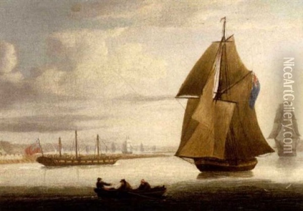 Naval Cutters Off A Harbor Oil Painting - Thomas Buttersworth