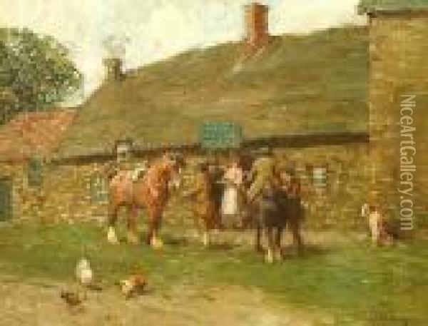 Figures Before A Country Inn Oil Painting - John Atkinson