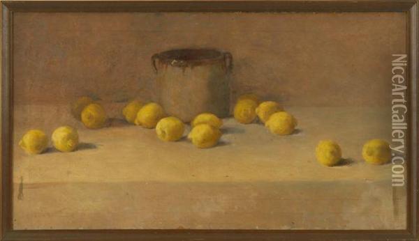 Still Life With Stoneware Crock And Lemons Oil Painting - Isabel Hunter