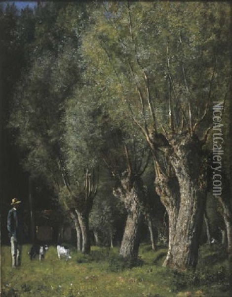 A Hunter And His Dogs Beside A Stream Lined With Willows Oil Painting - Charles-Jean-Louis Courtry