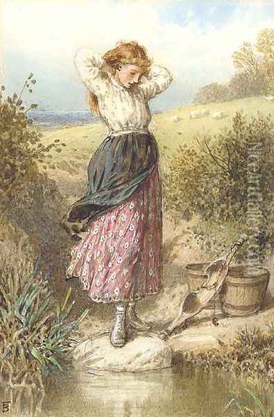 A milkmaid resting by a stream Oil Painting - Myles Birket Foster