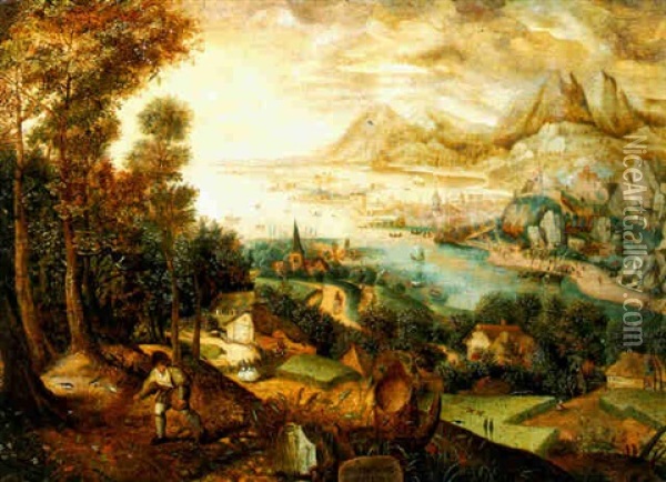 A Mountainous Landscape With The Parable Of The Sower Oil Painting - Pieter Bruegel the Elder