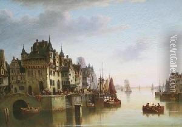 Mittelalterliche Hafenstadt Mit Segelschiffen Am Kai Oil Painting - Ludwig Herrmann