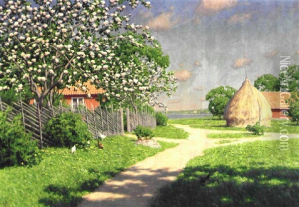 Sommarlandskap Med Gardsidyll Oil Painting - Johan Fredrik Krouthen
