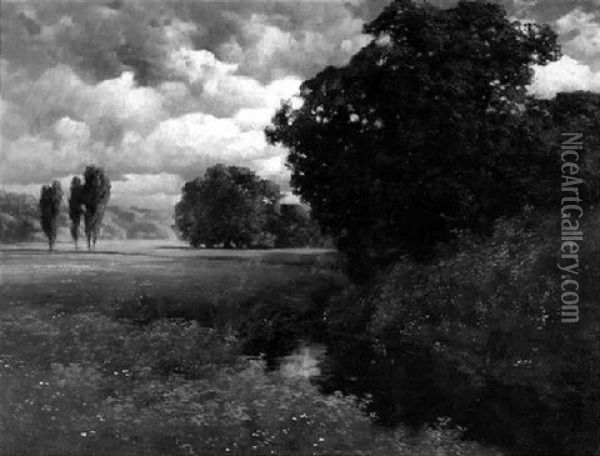 Landschaft Unter Einem Leicht Bewolkten Sommerhimmel Oil Painting - Traugott Hermann Ruedisuehli