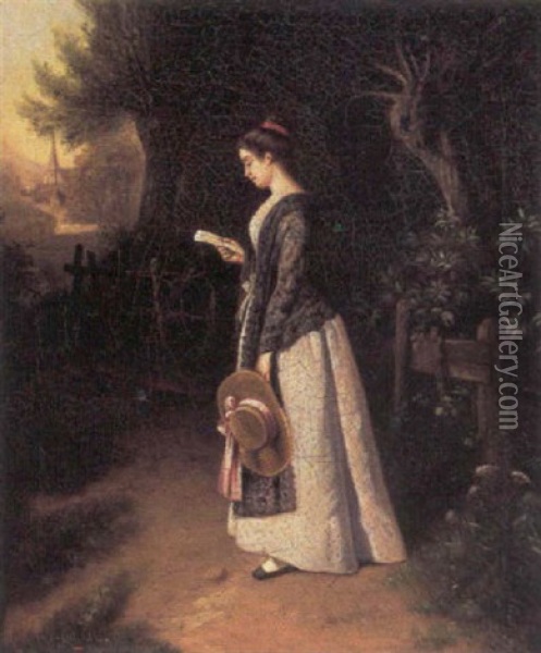 Ung Kvinde Laeser Et Brev I Udkanten Af En Skov Oil Painting - James William Walker
