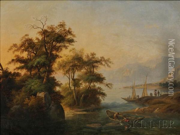 Mountain Lakeshore With Fishing Boats Oil Painting - Benedikt Franz Hess