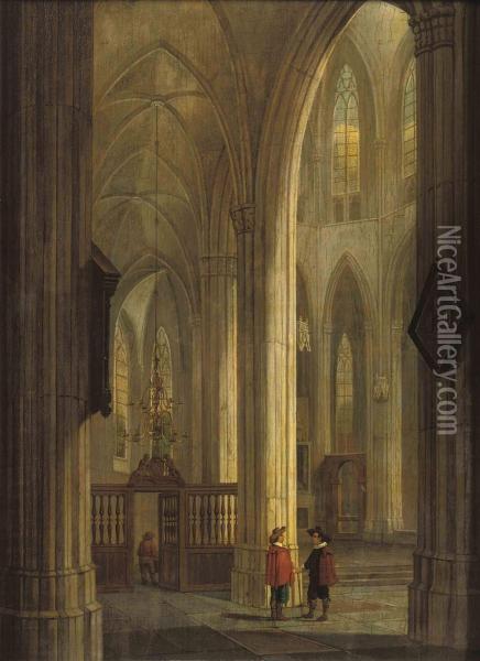 A Church Interior With Figures Conversing Oil Painting - Gerrit Adriaensz Berckheyde